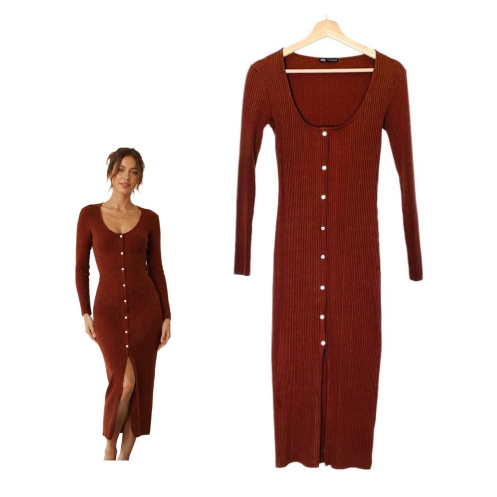 Zara Long Sleeve Ribbed Dress Scoop Neck Size Small Brown